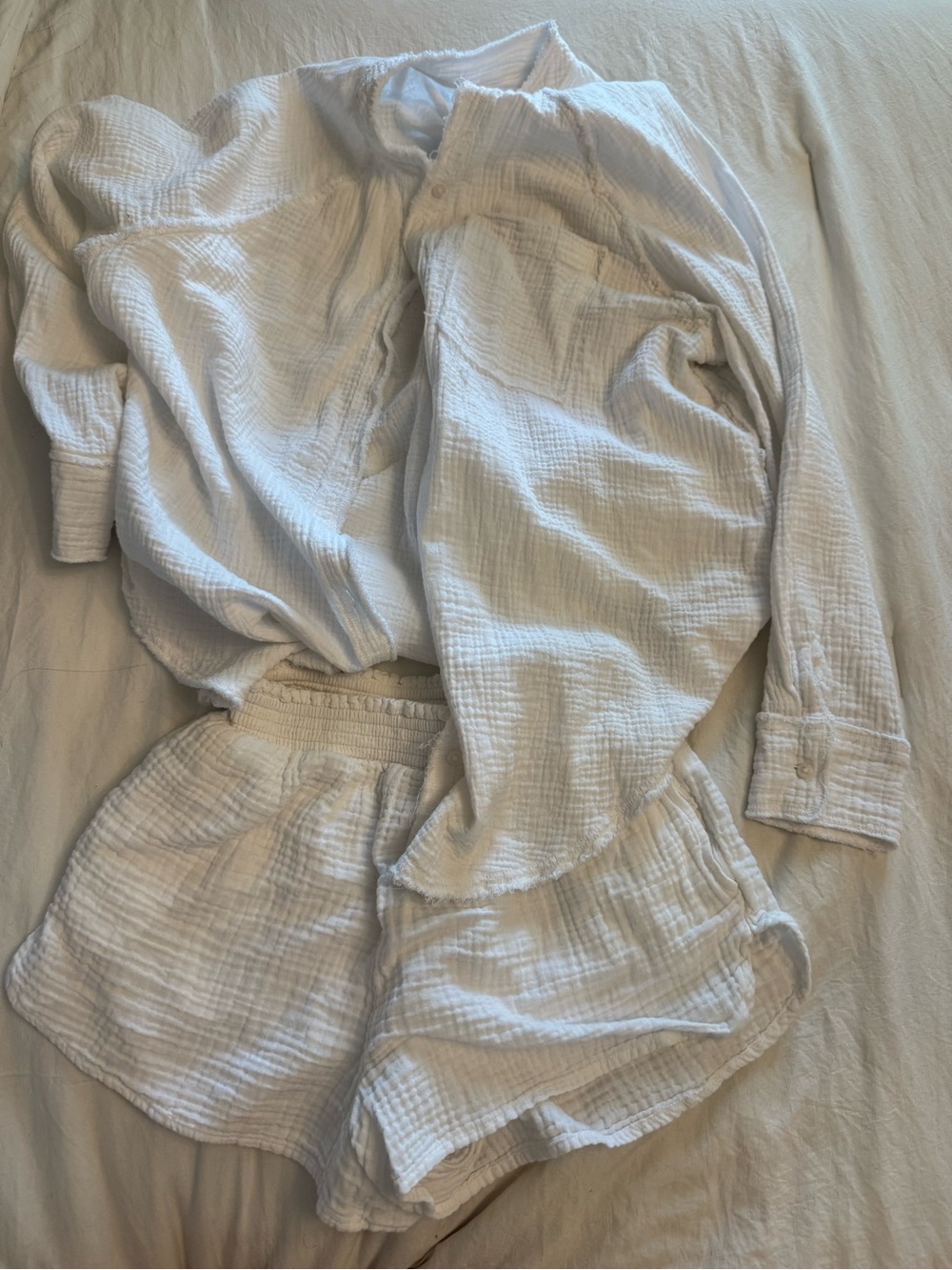 Aerie White Crinkle Gauze Beach Coverup Button-down and Shorts